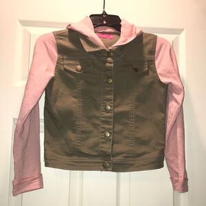 (5/$25) Tinsey Olive & Pink Hooded Jean Jacket
